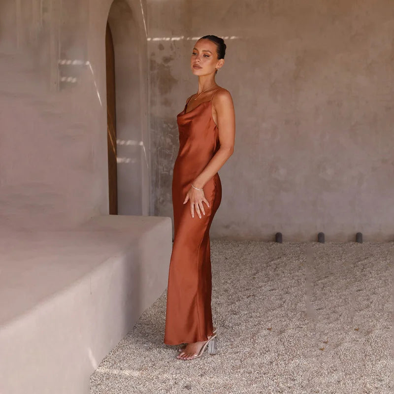 Wedding Guest Satin Maxi Dress - Open Back Garden Party Dress