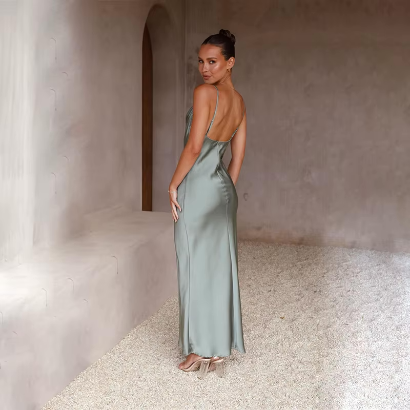Wedding Guest Satin Maxi Dress - Open Back Garden Party Dress