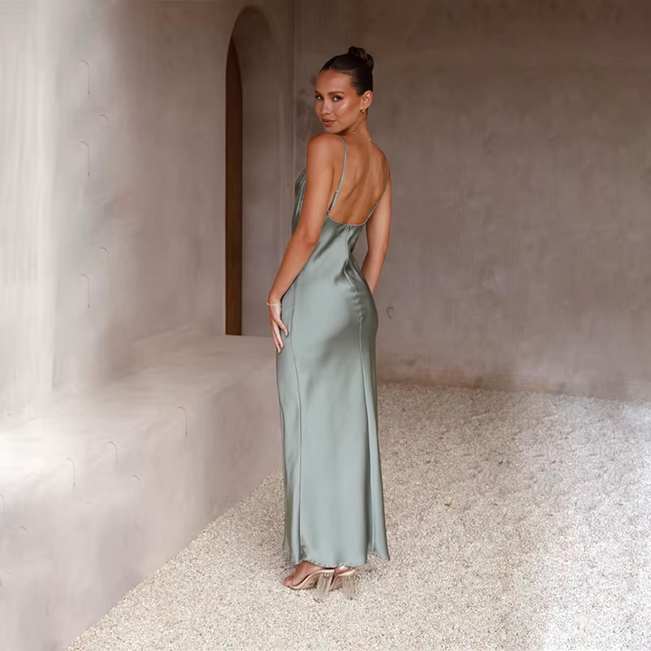 Wedding Guest Satin Maxi Dress - Open Back Garden Party Dress