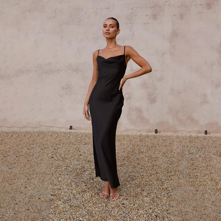 Wedding Guest Satin Maxi Dress - Open Back Garden Party Dress