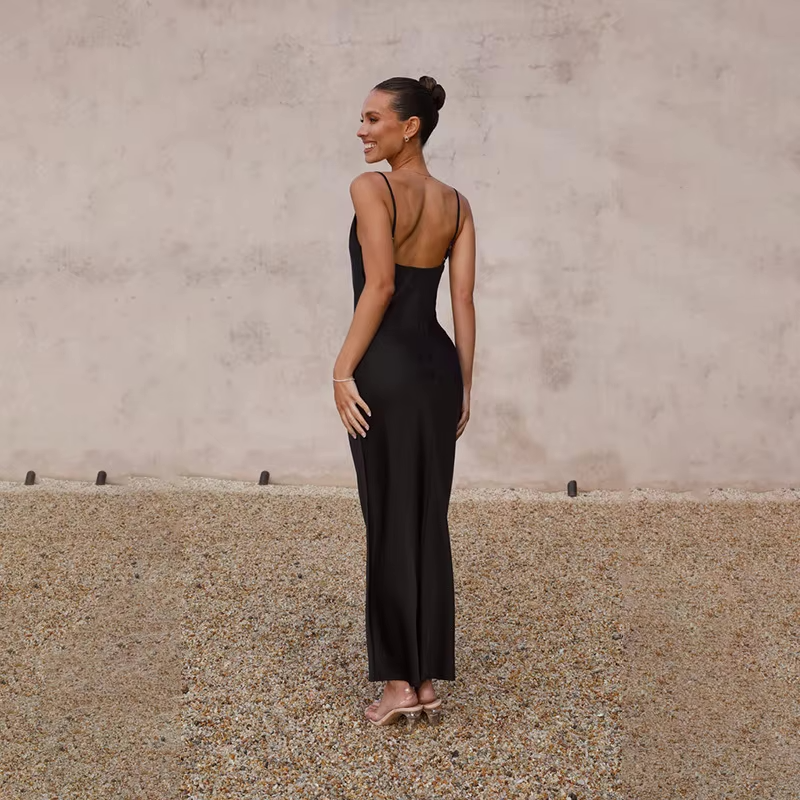 Wedding Guest Satin Maxi Dress - Open Back Garden Party Dress