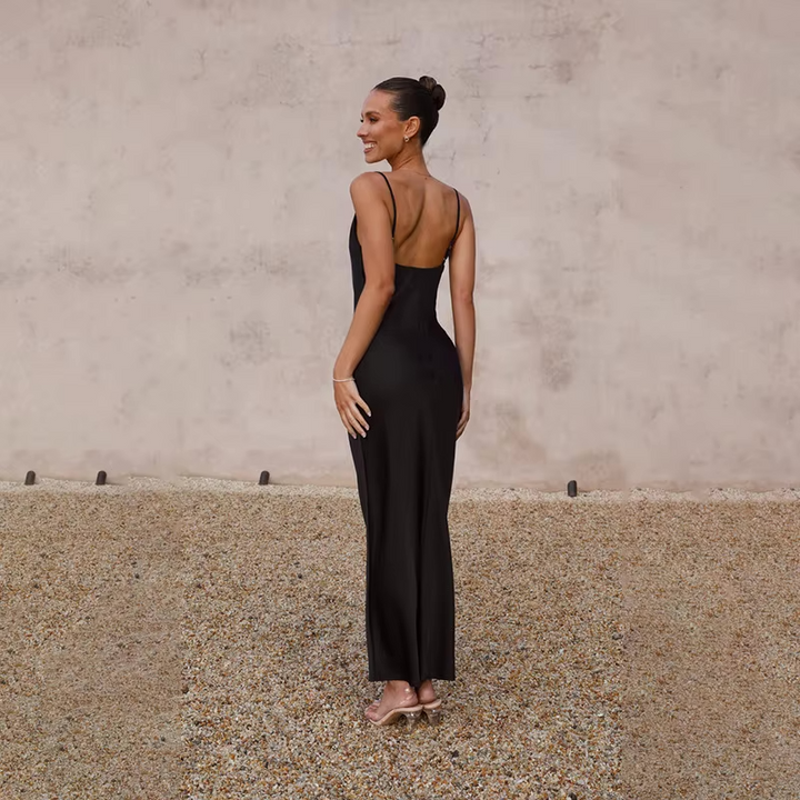 Wedding Guest Satin Maxi Dress - Open Back Garden Party Dress