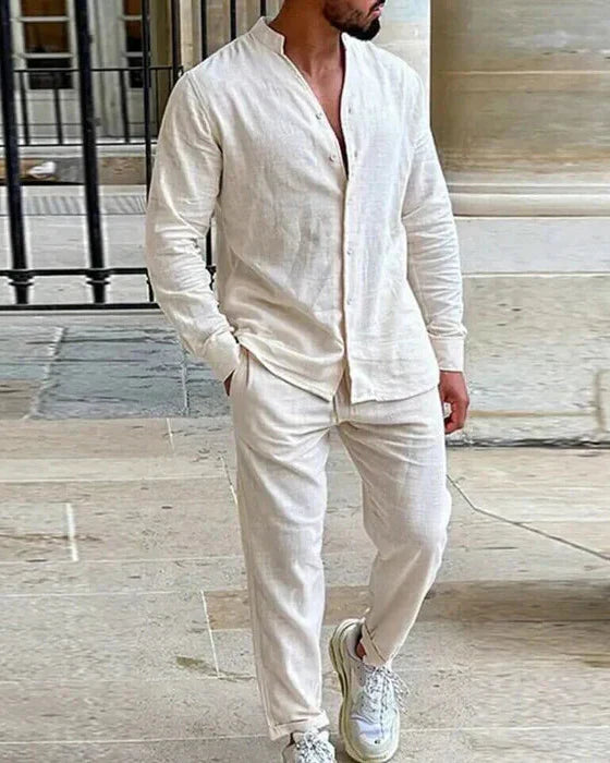 Men's Linen Garden Party Co-ord - Grandad Collar Shirt Set