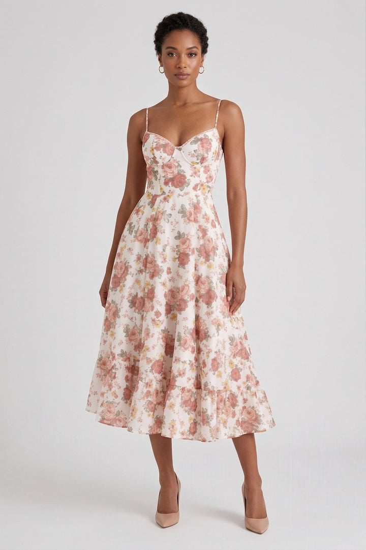Women’s Floral Corset Midi Dress - Elegant Tiered Wedding Guest
