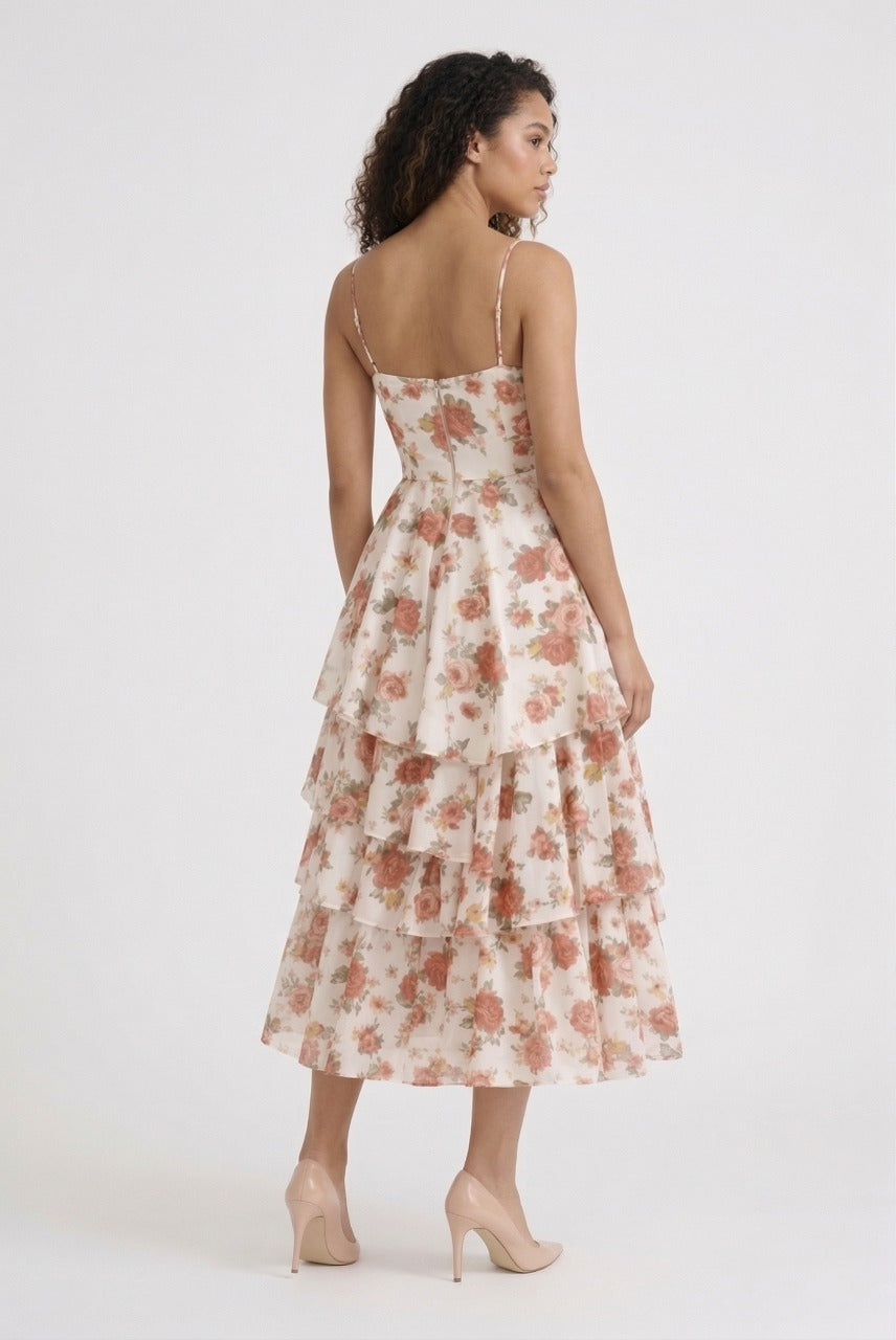 Women’s Floral Corset Midi Dress - Elegant Tiered Wedding Guest