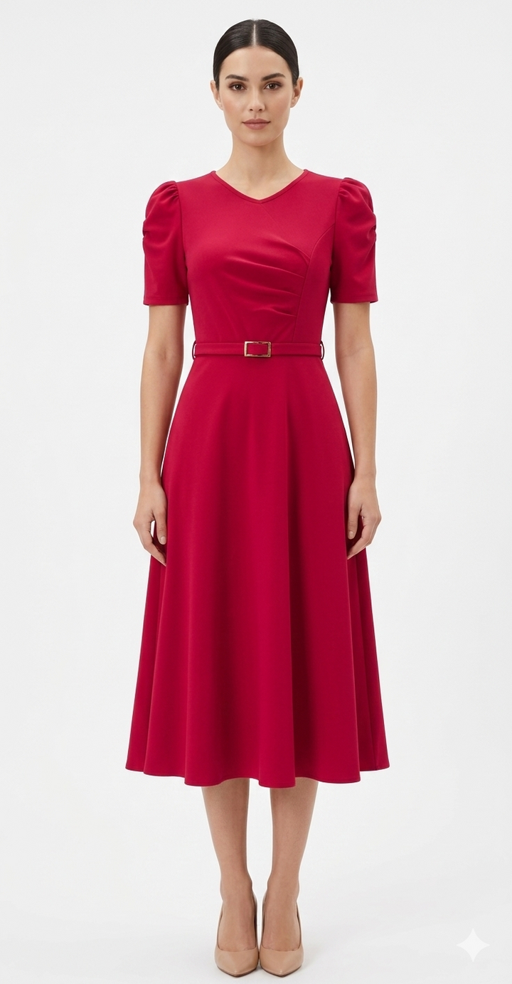 Women's Royal Midi Dress - Elegant Belted A-Line