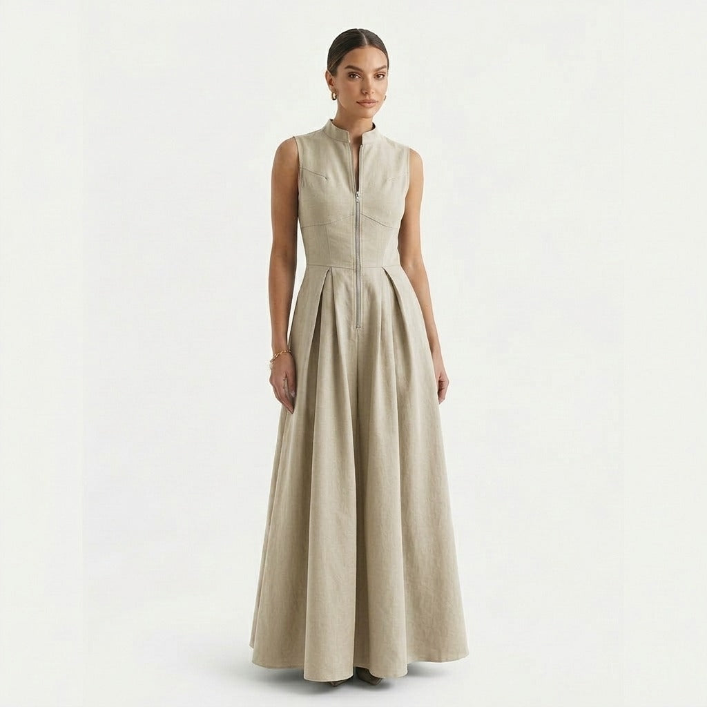 Women's Linen Maxi Dress - Sleeveless Zip Front Pleated