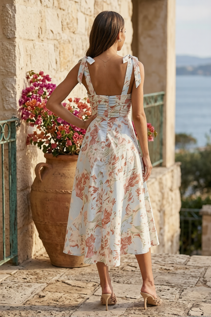 Woven Midi Dress - Floral Wedding Guest Sweetheart Ruched