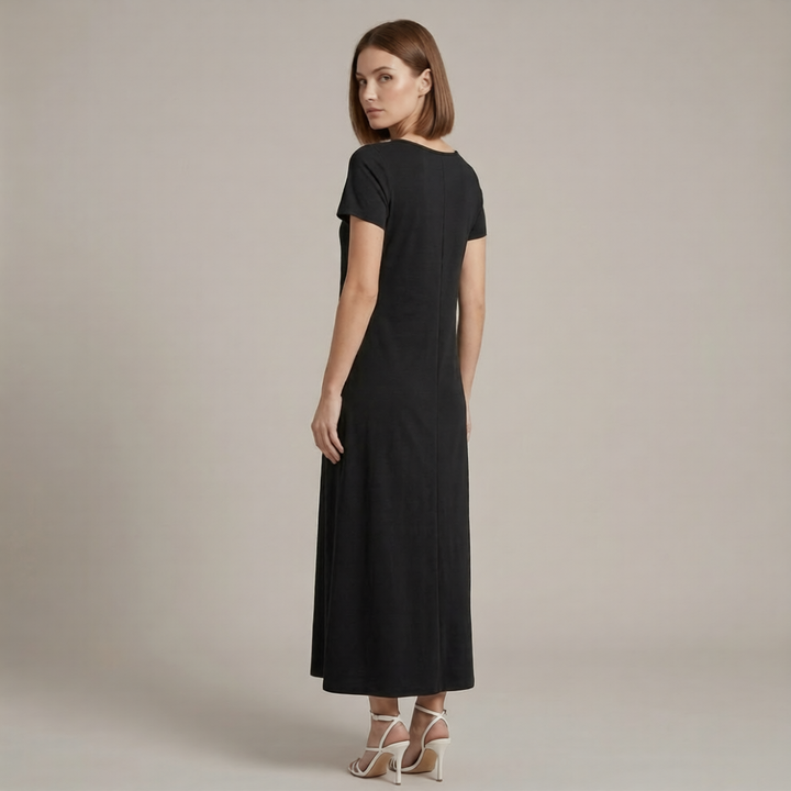 Women’s Black Maxi Dress - Short Sleeve Scoop Neck