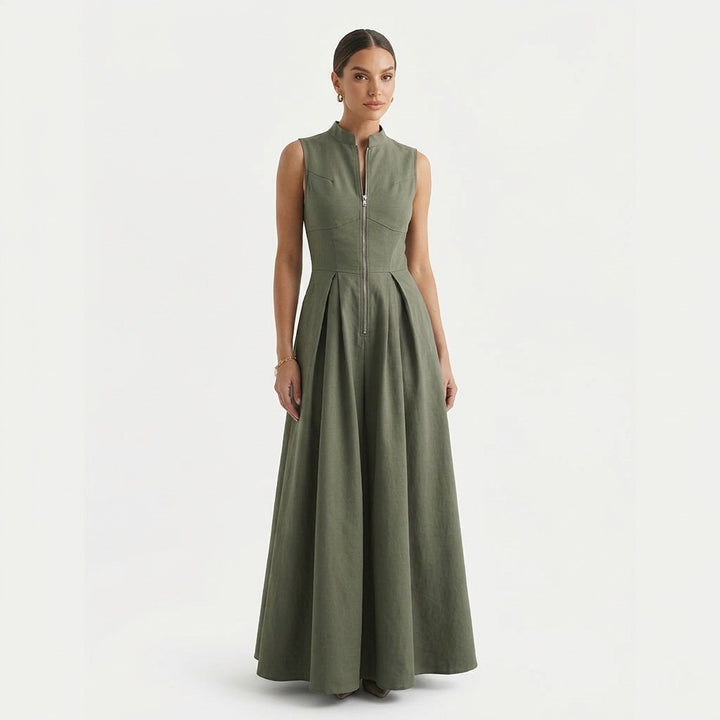 Women's Linen Maxi Dress - Sleeveless Zip Front Pleated