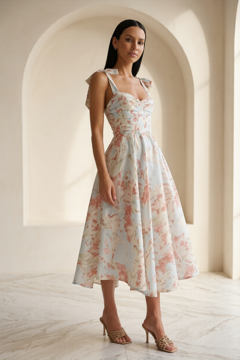Woven Midi Dress - Floral Wedding Guest Sweetheart Ruched