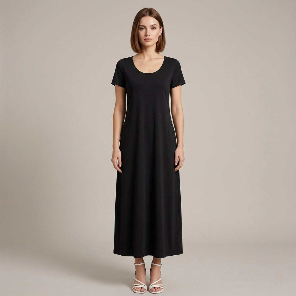 Women’s Black Maxi Dress - Short Sleeve Scoop Neck