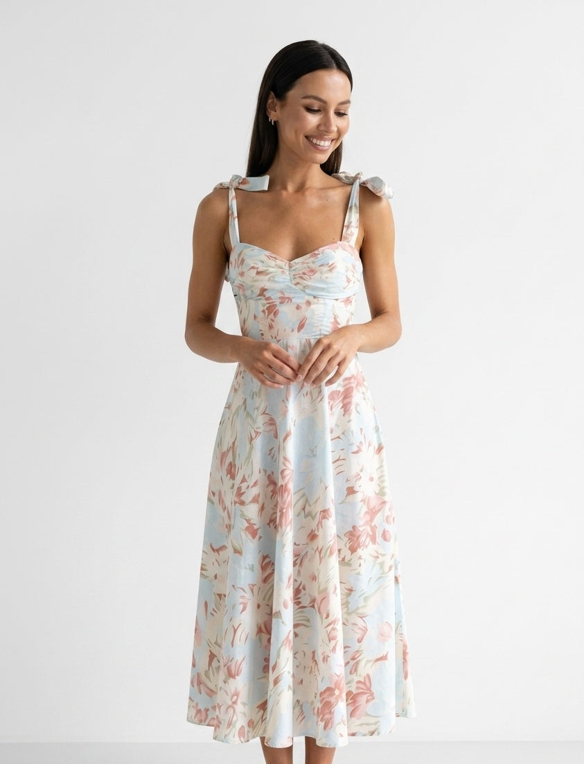 Woven Midi Dress - Floral Wedding Guest Sweetheart Ruched