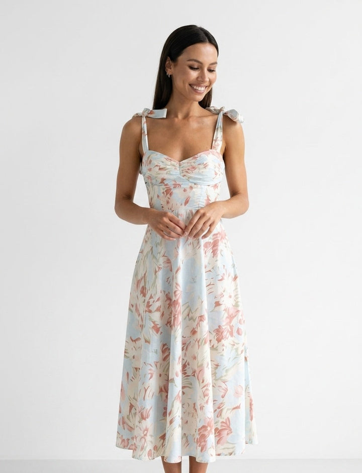 Woven Midi Dress - Floral Wedding Guest Sweetheart Ruched