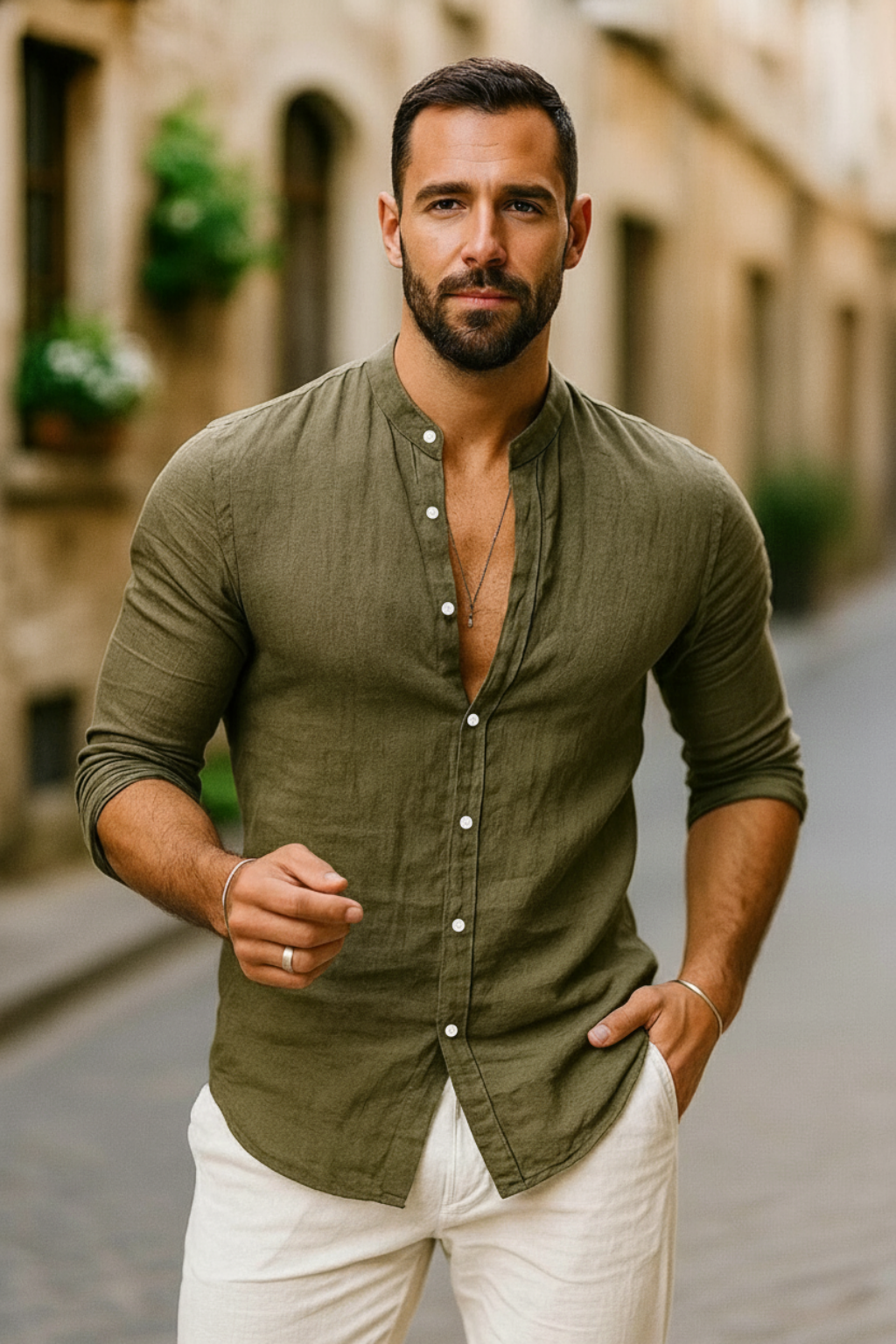 Men's Linen Shirt Grandad Collar - Summer Wedding Guest