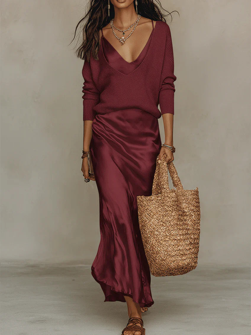 Satin Slip Maxi Dress - V-Neck Spaghetti Strap Knit Layer Set