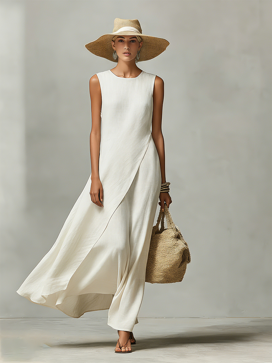 Linen Maxi Dress Wedding Guest - Sleeveless Asymmetric Hem