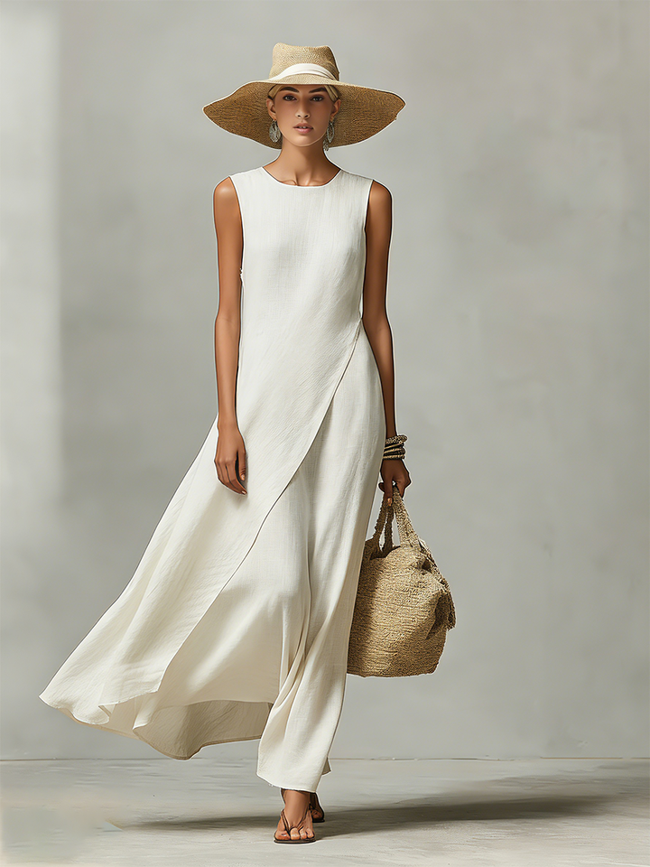 Linen Maxi Dress Wedding Guest - Sleeveless Asymmetric Hem