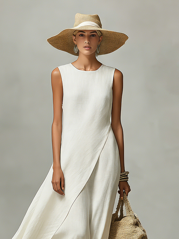 Linen Maxi Dress Wedding Guest - Sleeveless Asymmetric Hem