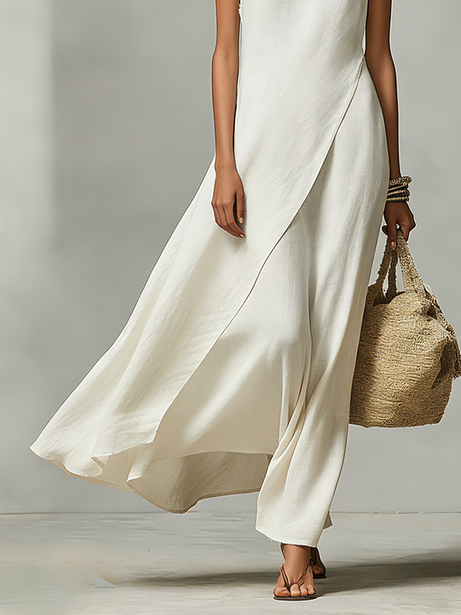 Linen Maxi Dress Wedding Guest - Sleeveless Asymmetric Hem