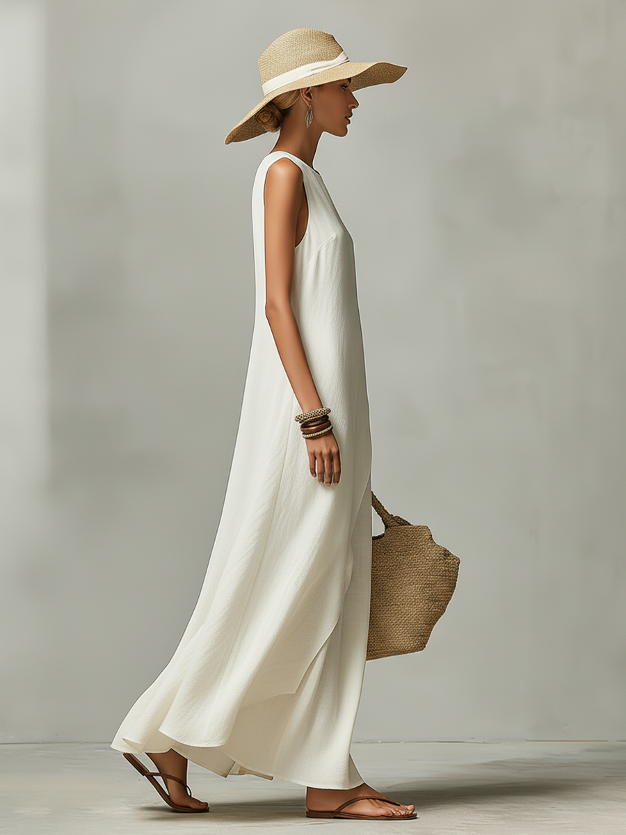 Linen Maxi Dress Wedding Guest - Sleeveless Asymmetric Hem