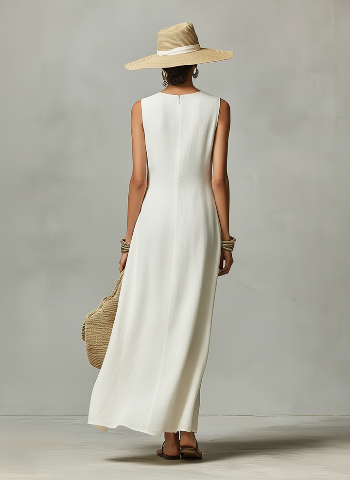 Linen Maxi Dress Wedding Guest - Sleeveless Asymmetric Hem