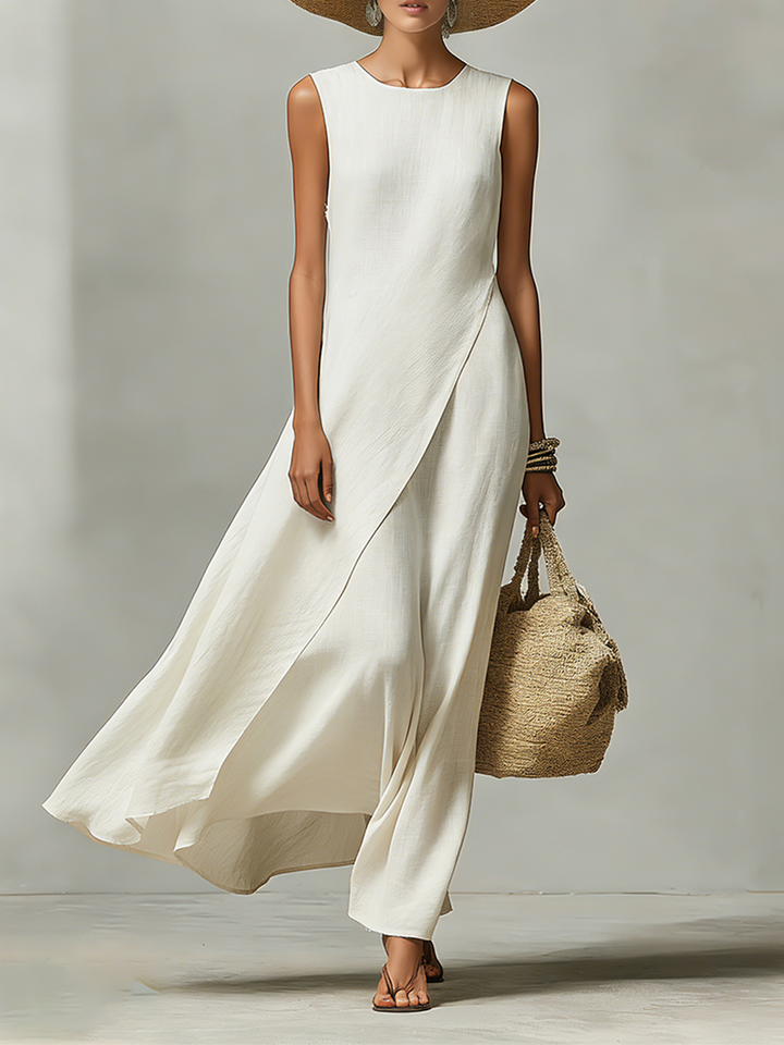 Linen Maxi Dress Wedding Guest - Sleeveless Asymmetric Hem