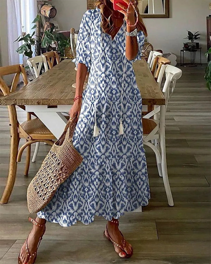 Geometric Print Maxi Summer Dress - Lantern Sleeve A-Line V Neck
