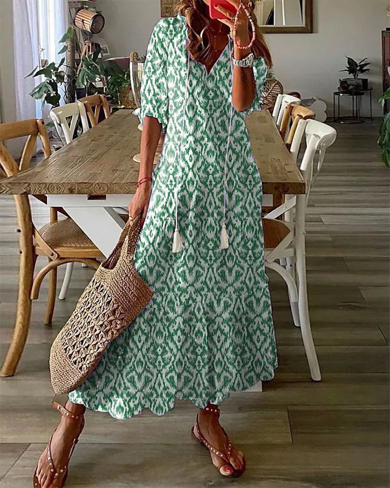Geometric Print Maxi Summer Dress - Lantern Sleeve A-Line V Neck