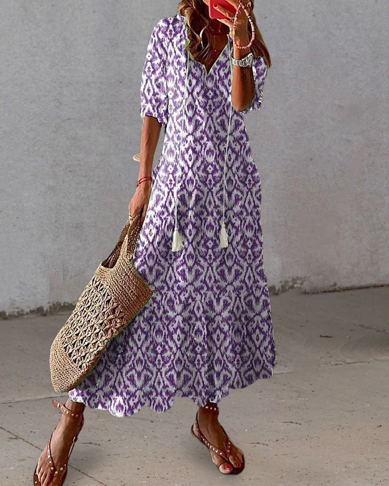 Geometric Print Maxi Summer Dress - Lantern Sleeve A-Line V Neck