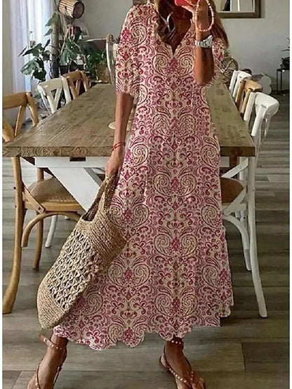Geometric Print Maxi Summer Dress - Lantern Sleeve A-Line V Neck