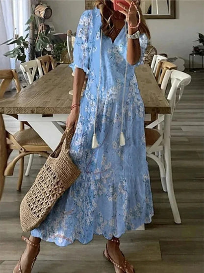 Geometric Print Maxi Summer Dress - Lantern Sleeve A-Line V Neck