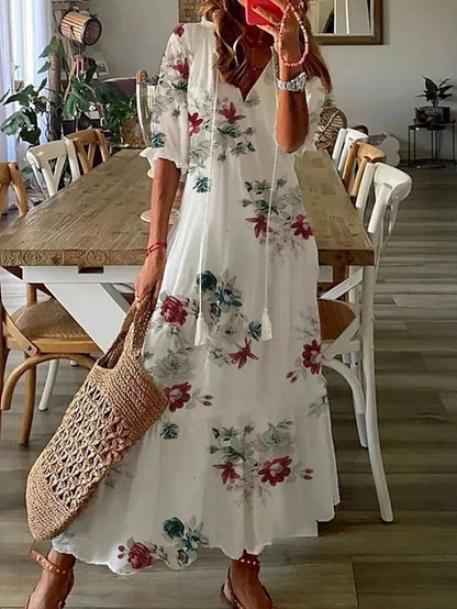 Geometric Print Maxi Summer Dress - Lantern Sleeve A-Line V Neck