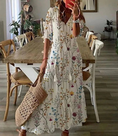 Geometric Print Maxi Summer Dress - Lantern Sleeve A-Line V Neck