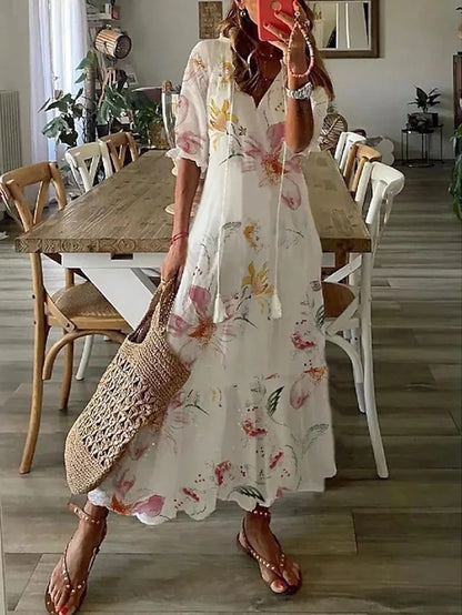 Geometric Print Maxi Summer Dress - Lantern Sleeve A-Line V Neck
