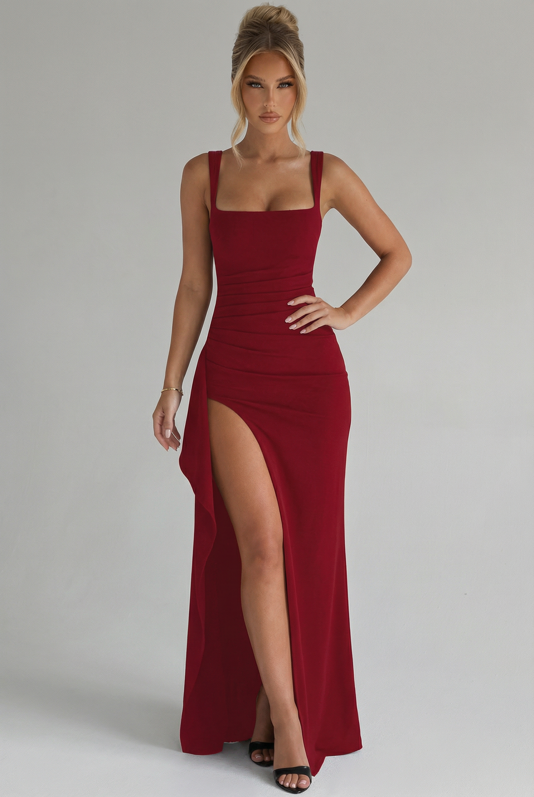 Women’s Elegant Satin Maxi Dress - Open Back Split Wedding Guest