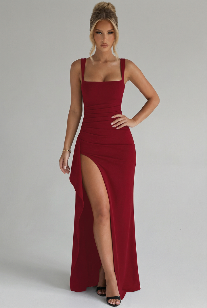 Women’s Elegant Satin Maxi Dress - Open Back Split Wedding Guest