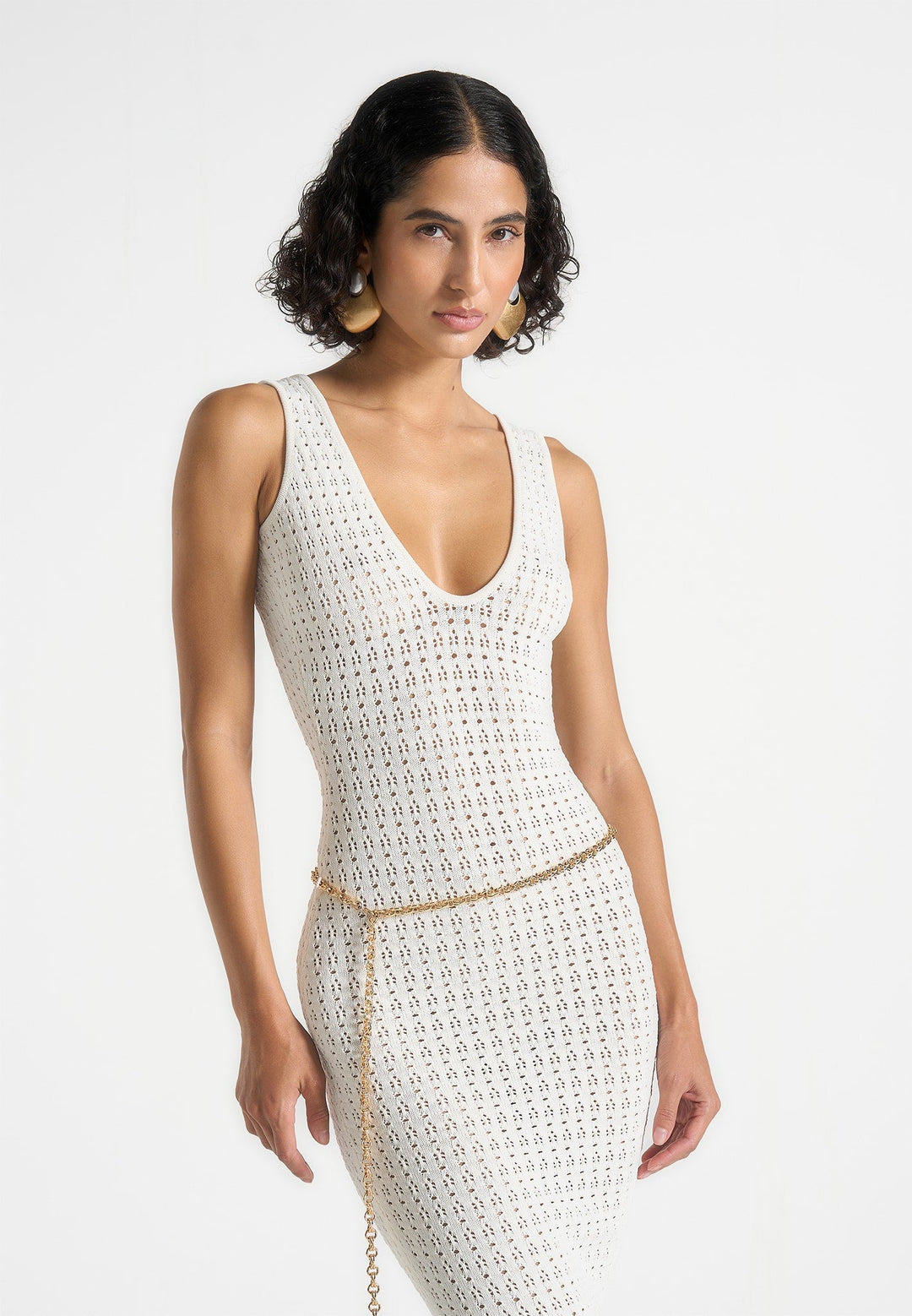Pointelle Knit Midaxi Dress - Plunge V-Neck Open Back Belt