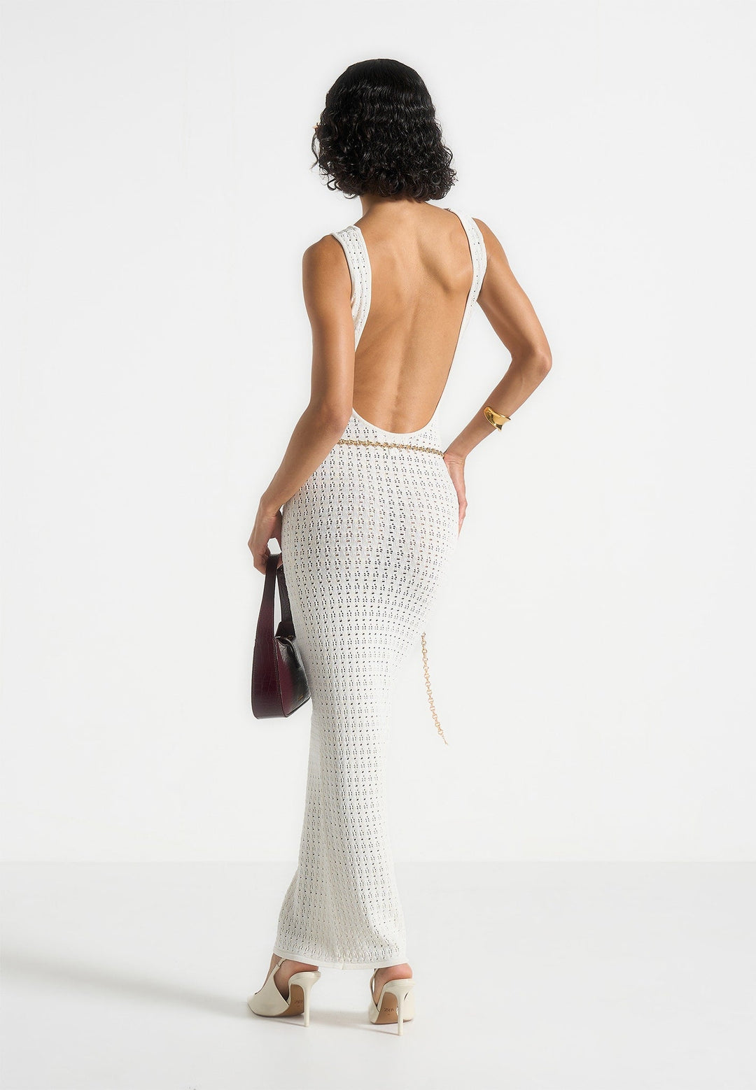 Pointelle Knit Midaxi Dress - Plunge V-Neck Open Back Belt