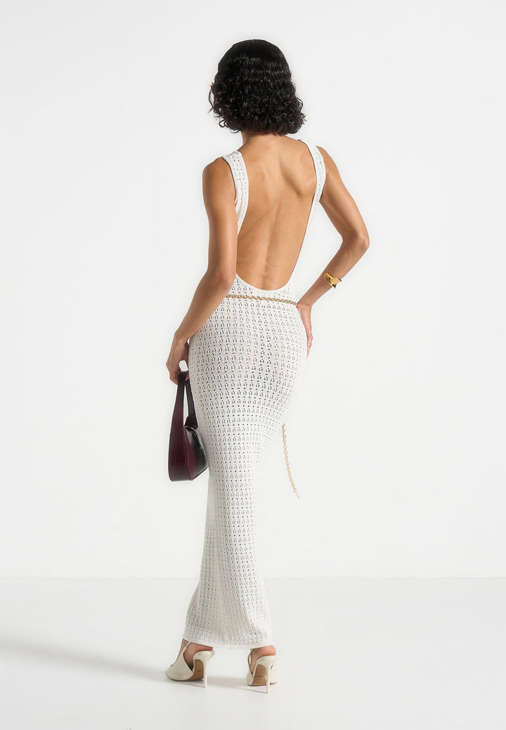Pointelle Knit Midaxi Dress - Plunge V-Neck Open Back Belt