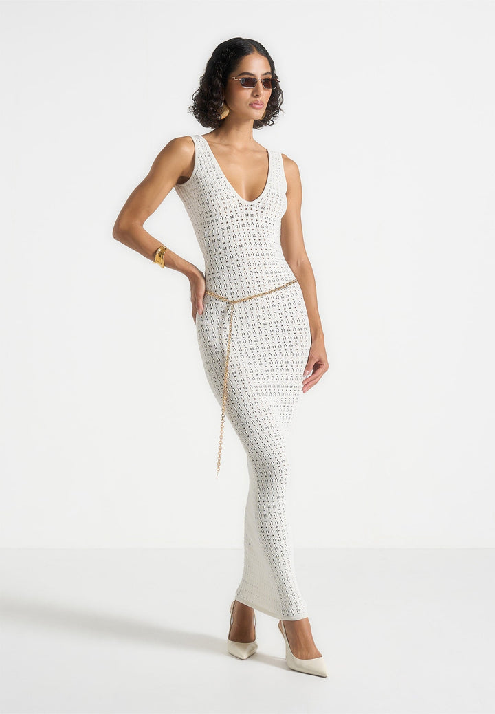 Pointelle Knit Midaxi Dress - Plunge V-Neck Open Back Belt