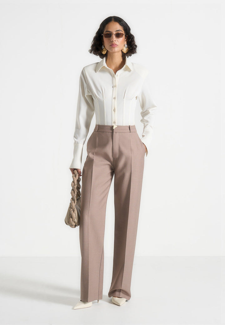 Women's Tailored Pants - Taupe Pleated Front