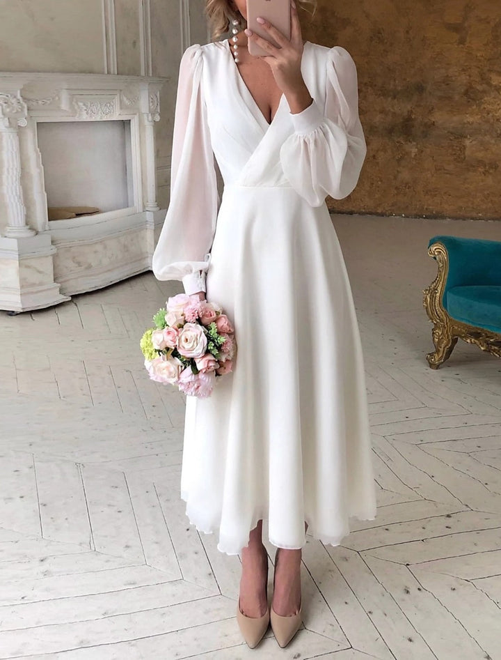 Long Sleeve Wedding Guest - Flowing V-Neck Dress Floor Length