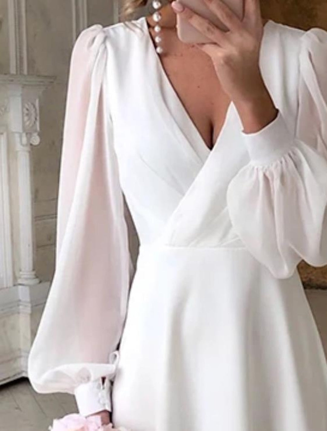 Long Sleeve Wedding Guest - Flowing V-Neck Dress Floor Length