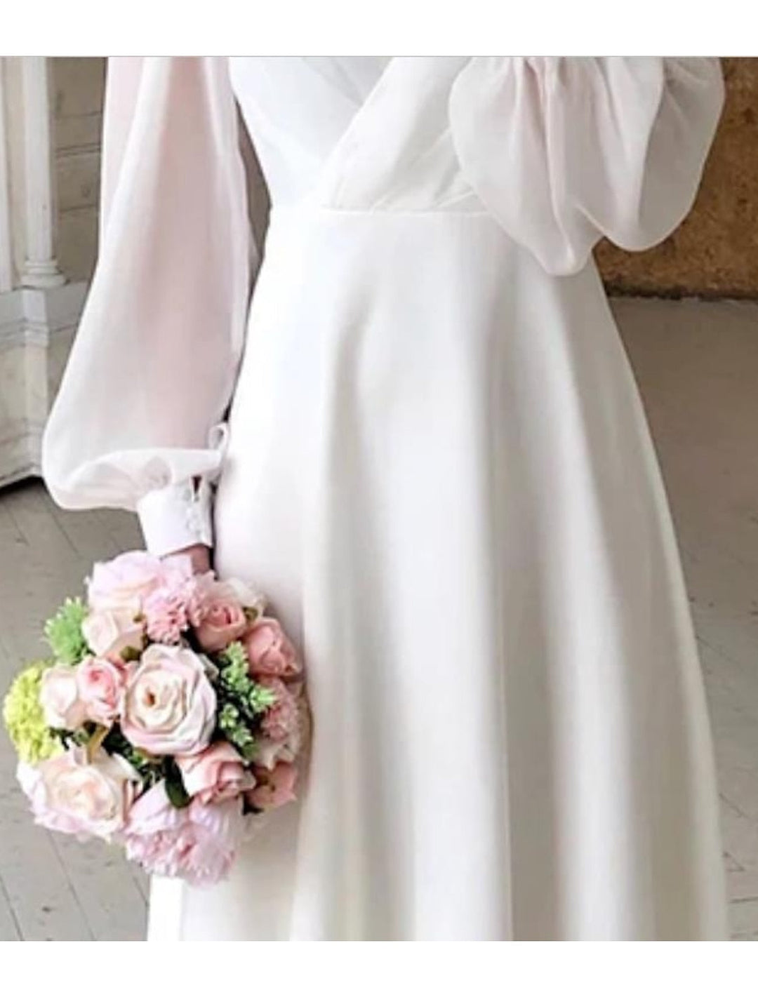 Long Sleeve Wedding Guest - Flowing V-Neck Dress Floor Length