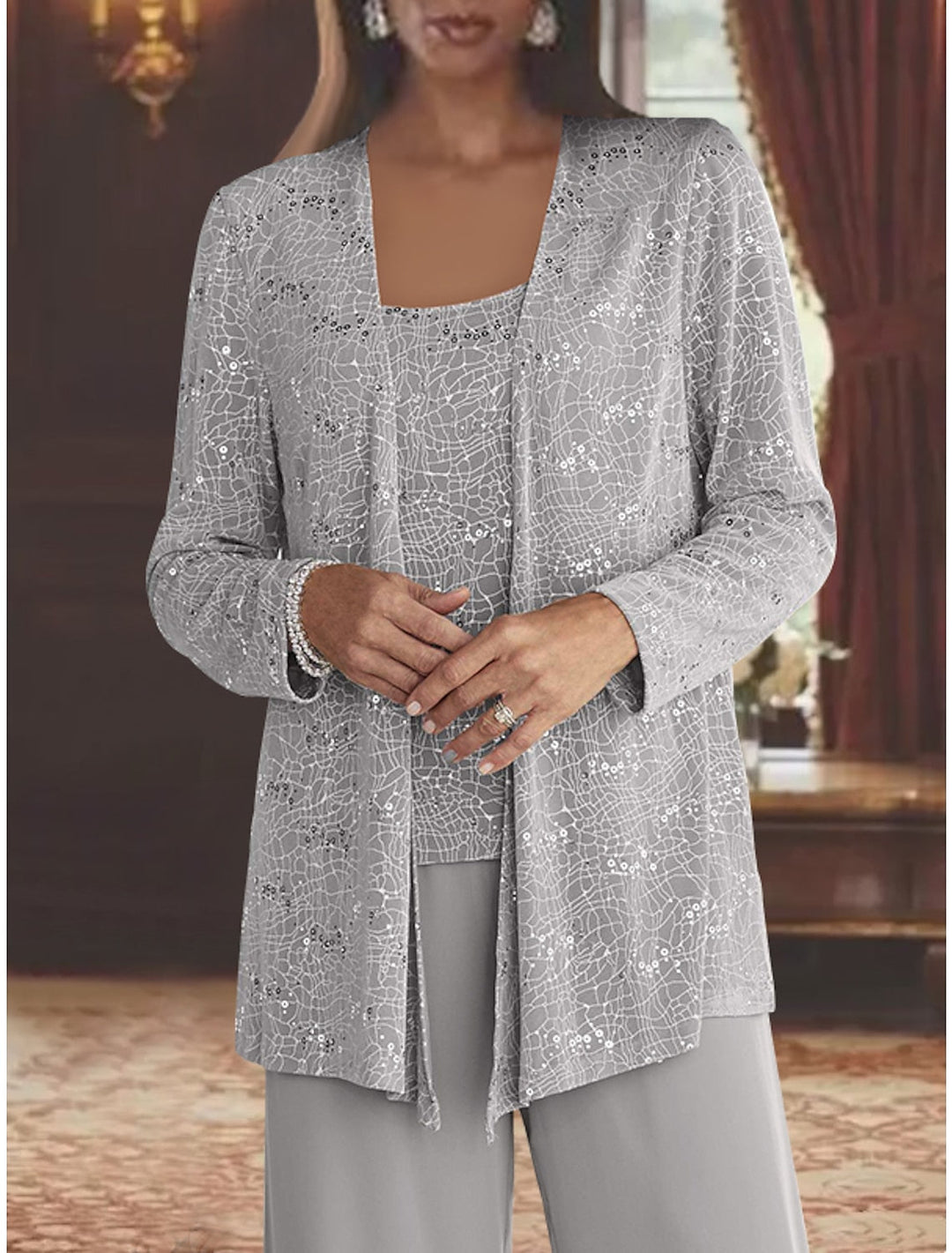 Women's 3-Piece Chiffon Pantsuit-Set with Sequin Jacket