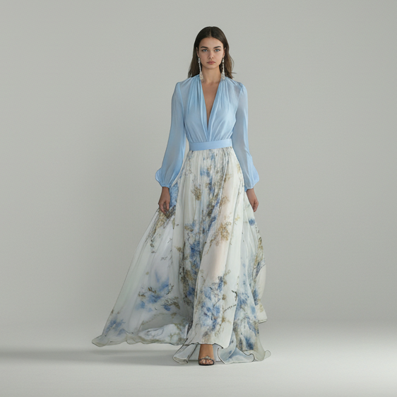 Floral Chiffon Maxi Dress - Wedding Guest Long Sleeve V Neck
