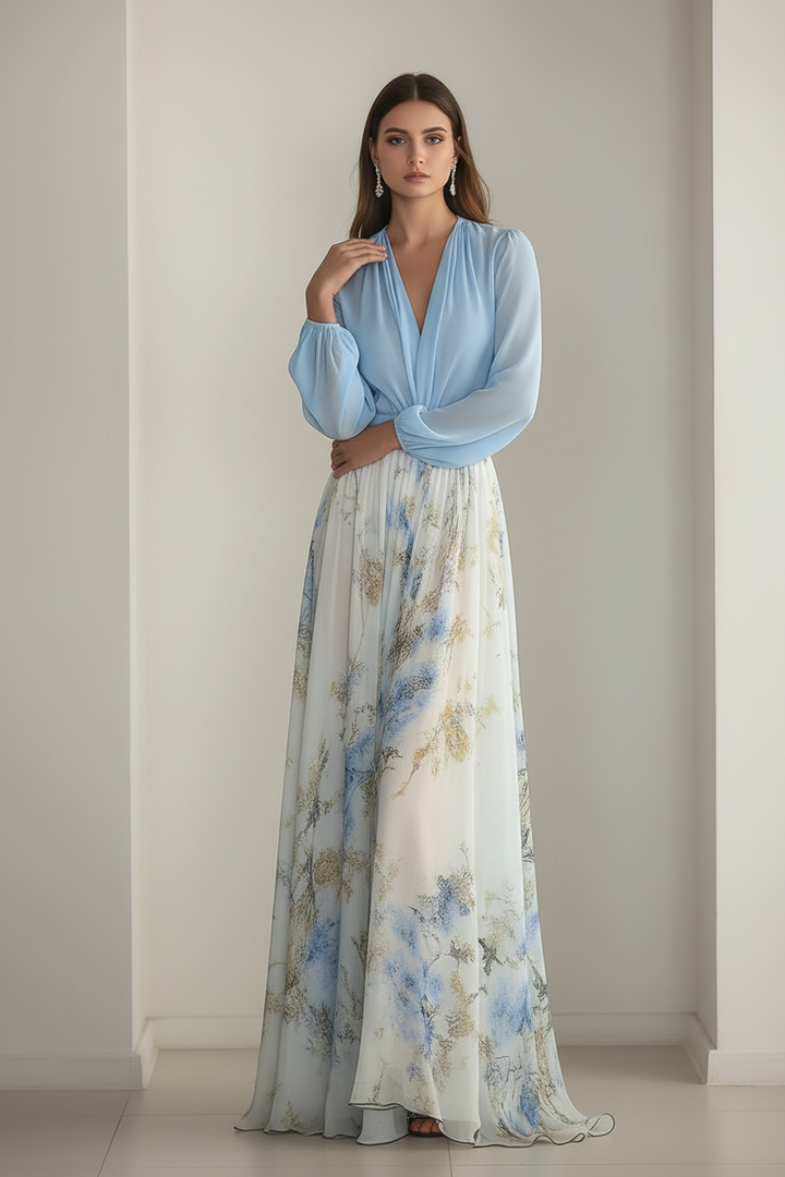 Floral Chiffon Maxi Dress - Wedding Guest Long Sleeve V Neck