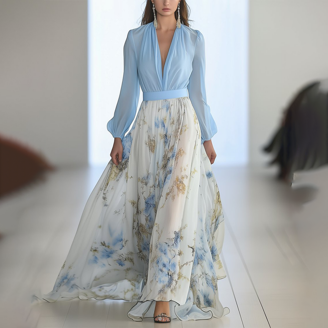 Floral Chiffon Maxi Dress - Wedding Guest Long Sleeve V Neck