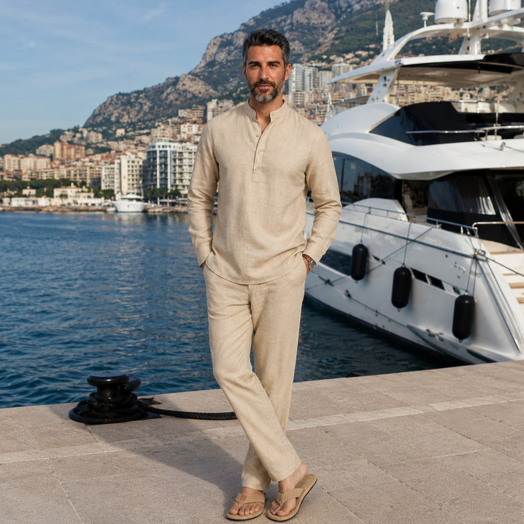 Linen Co-ord Set Men - Grandad Collar Summer Wedding Guest Relaxed